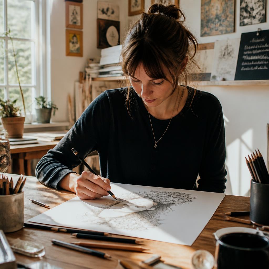 Artist drawing at the PINK Art studio desk in warm daylight
