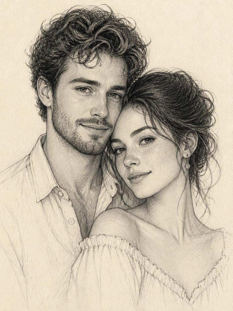 Pencil and ink drawing of a couple leaning together on cream paper