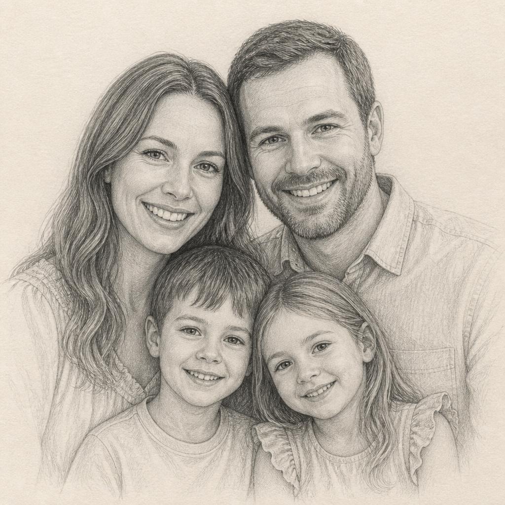 Graphite family portrait drawing of two parents and two children