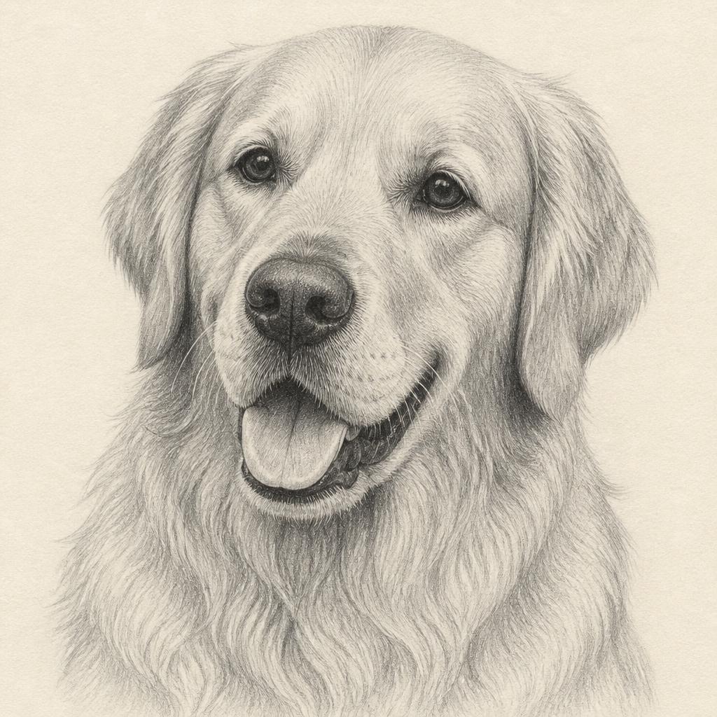 Graphite drawing of a golden retriever dog looking at the viewer