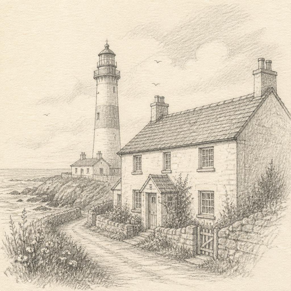 Pencil drawing of a coastal cottage beside a lighthouse