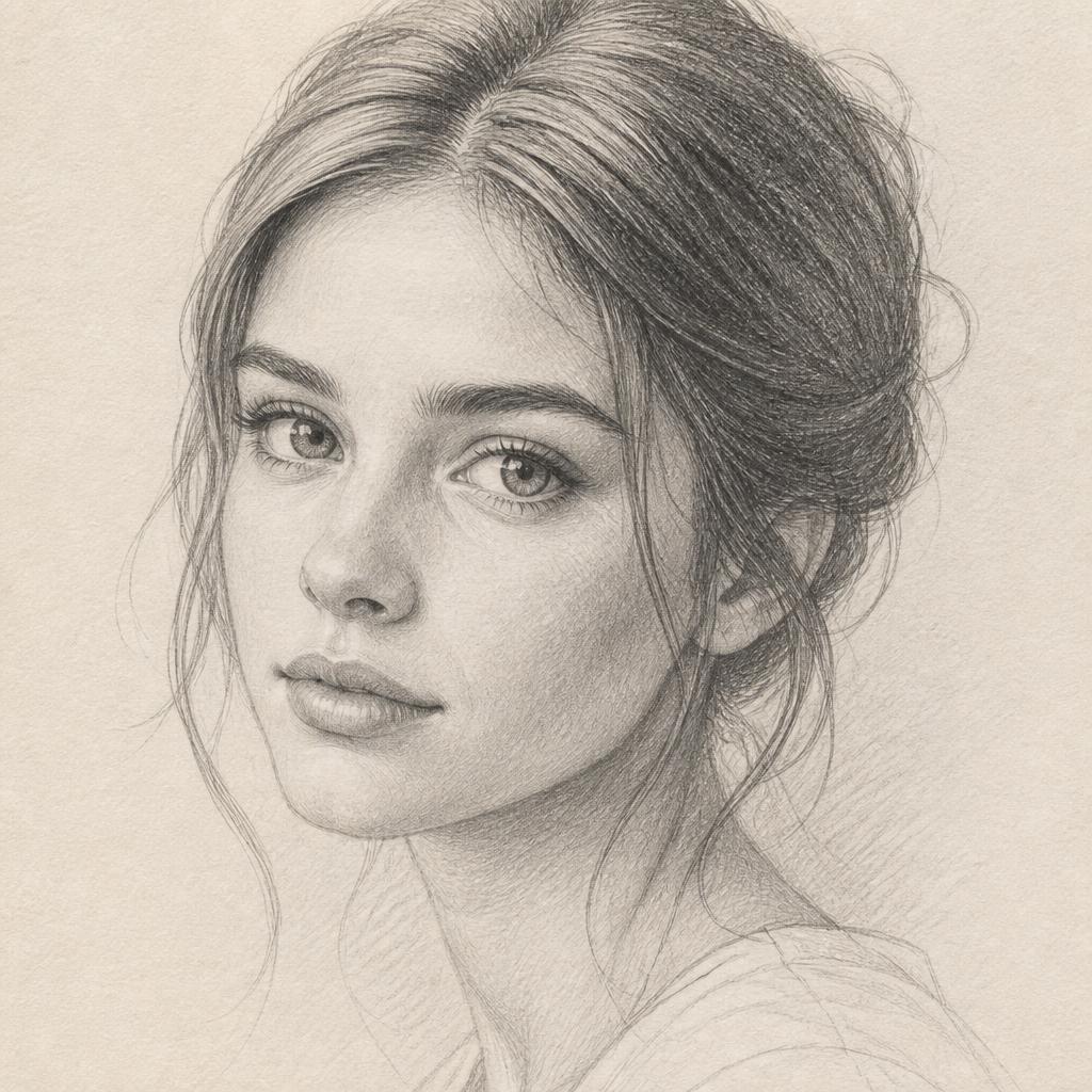 Graphite portrait drawing of a young woman with loose hair